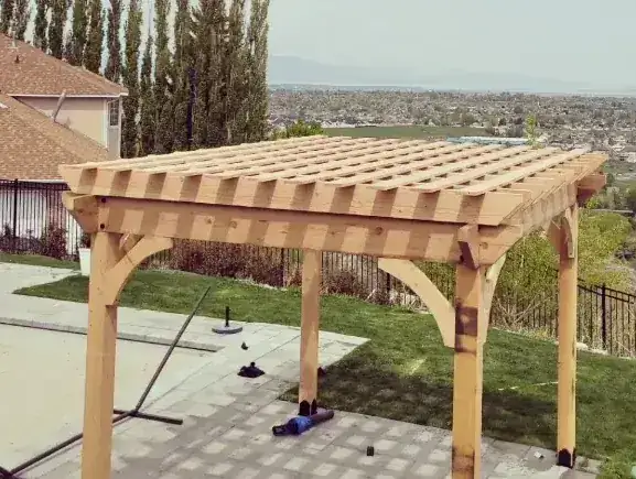 Pergola viewed from above with open beam roof by Frame Platinum LLC